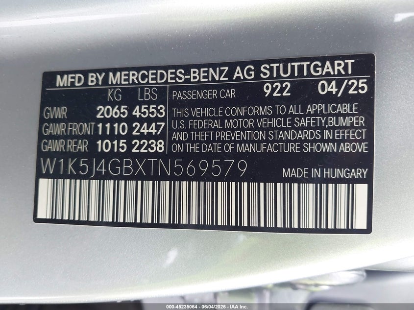 2026 Mercedes-benz VIN W1K5J4GBXTN569579 IAAI salvage auction — REAR END, Salvage Title, sold $16,300 on 2026-07-15 (photo 9)