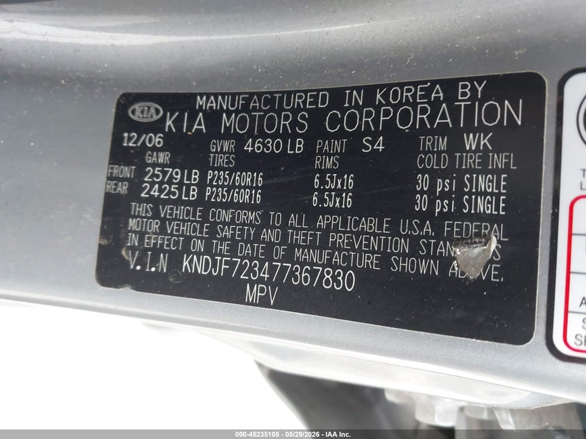 2007 Kia Sportage VIN KNDJF723477367830 IAAI salvage auction — NORMAL WEAR, Clear - Dealer Only (California), sold $375 on 2026-07-06 (photo 9)