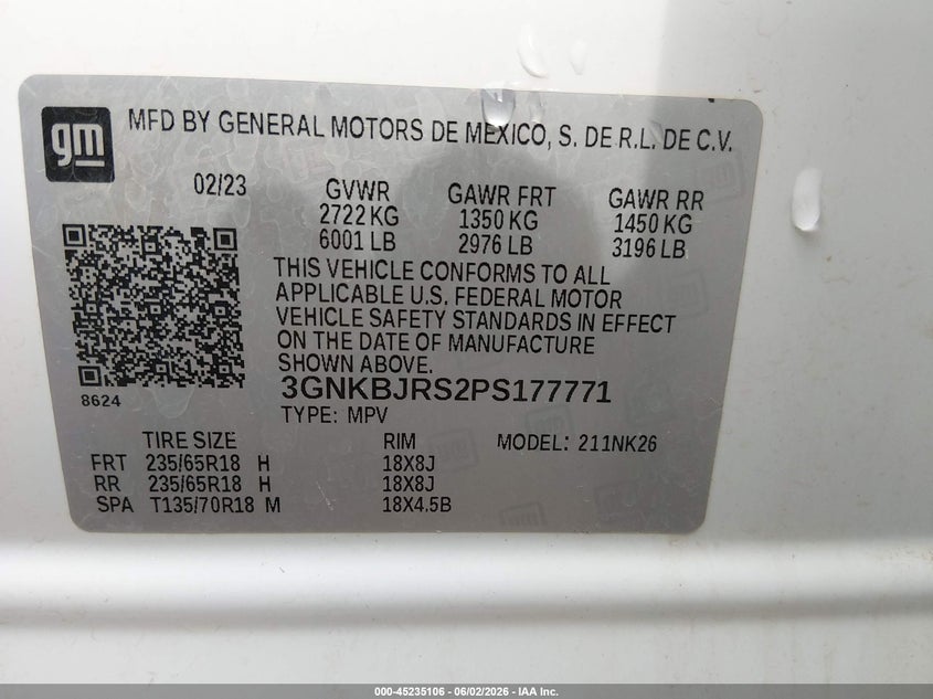 2023 Chevrolet Blazer VIN 3GNKBJRS2PS177771 IAAI salvage auction — HAIL, Salvage Title, sold $7,525 on 2026-07-24 (photo 9)