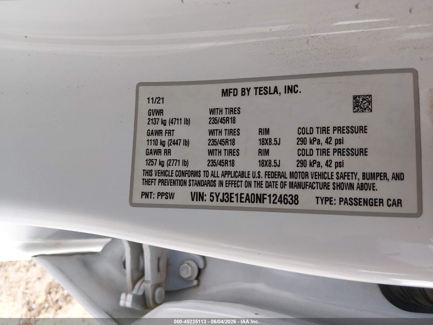 2022 Tesla Model 3 VIN 5YJ3E1EA0NF124638 IAAI salvage auction — FRONT END, Salvage Title, sold $7,000 on 2026-07-23 (photo 9)