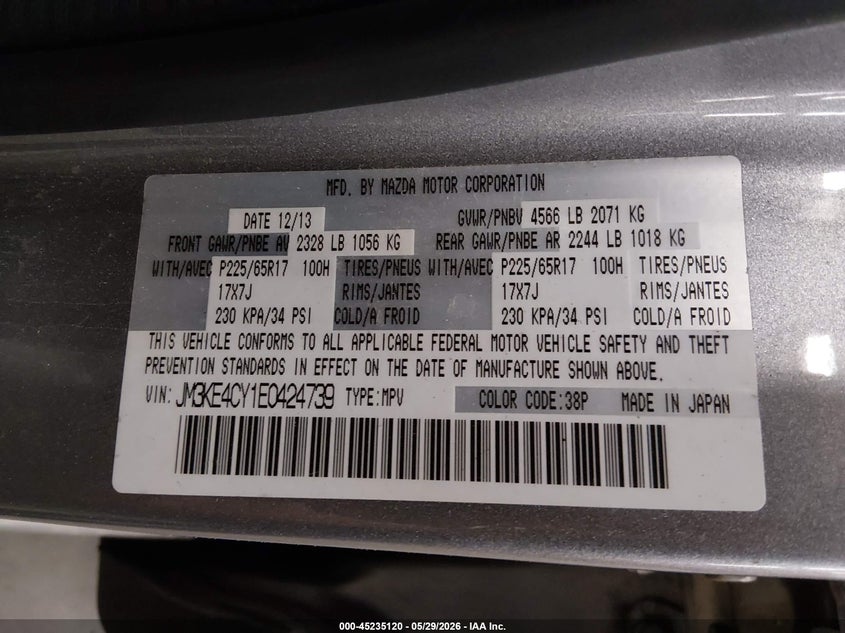 2014 Mazda Cx-5 VIN JM3KE4CY1E0424739 IAAI salvage auction — FRONT END, Salvage Title, sold $1,900 on 2026-07-28 (photo 9)