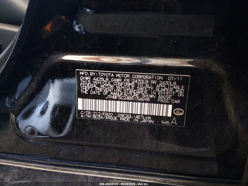 2011 Lexus Is VIN JTHBF5C24B5154698 IAAI salvage auction — RIGHT FRONT, Salvage (Arizona), sold $775 on 2026-07-07 (photo 9)