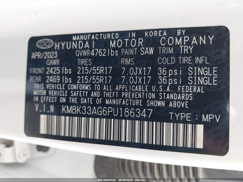 2023 Hyundai Kona VIN KM8K33AG6PU186347 IAAI salvage auction — REAR END, Salvage Title, sold $7,200 on 2026-07-22 (photo 9)