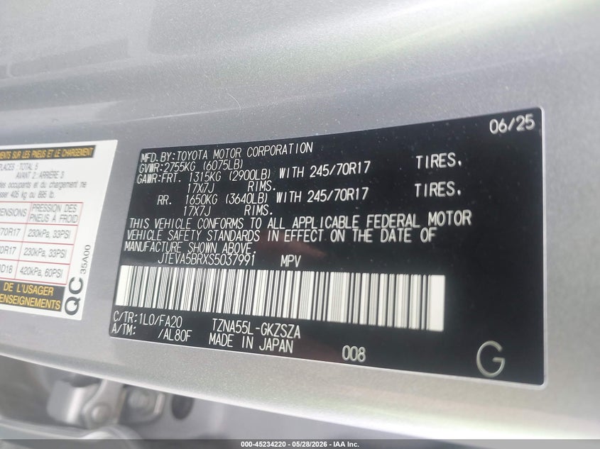 2025 Toyota 4runner VIN JTEVA5BRXS5037991 IAAI salvage auction — LEFT FRONT, Salvage Title, sold $29,550 on 2026-07-14 (photo 9)