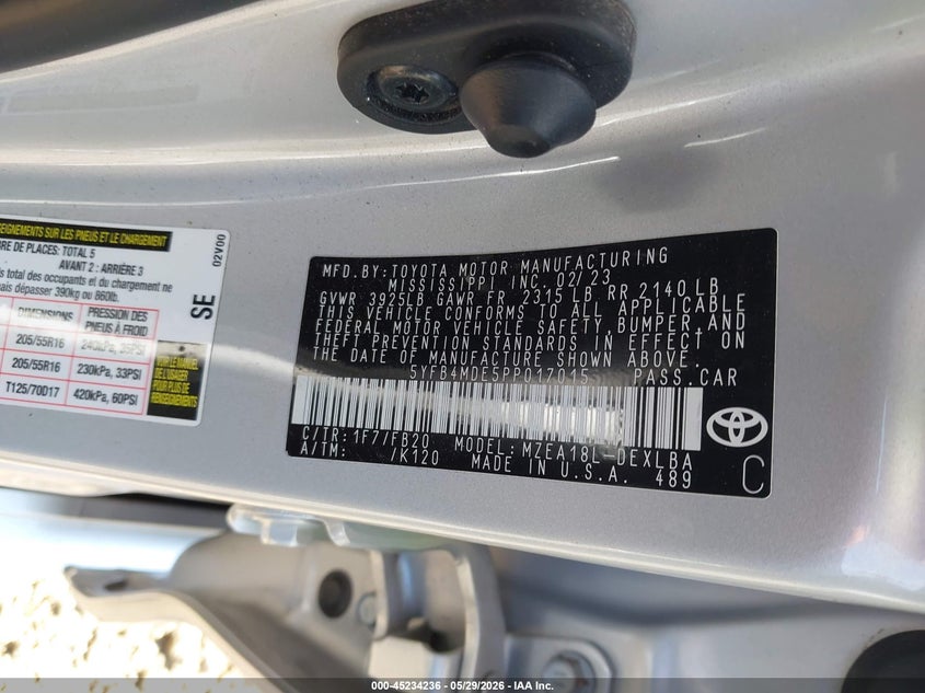 2023 Toyota Corolla VIN 5YFB4MDE5PP017015 IAAI salvage auction — LEFT SIDE, Salvage Title, sold $25 on 2026-07-22 (photo 9)