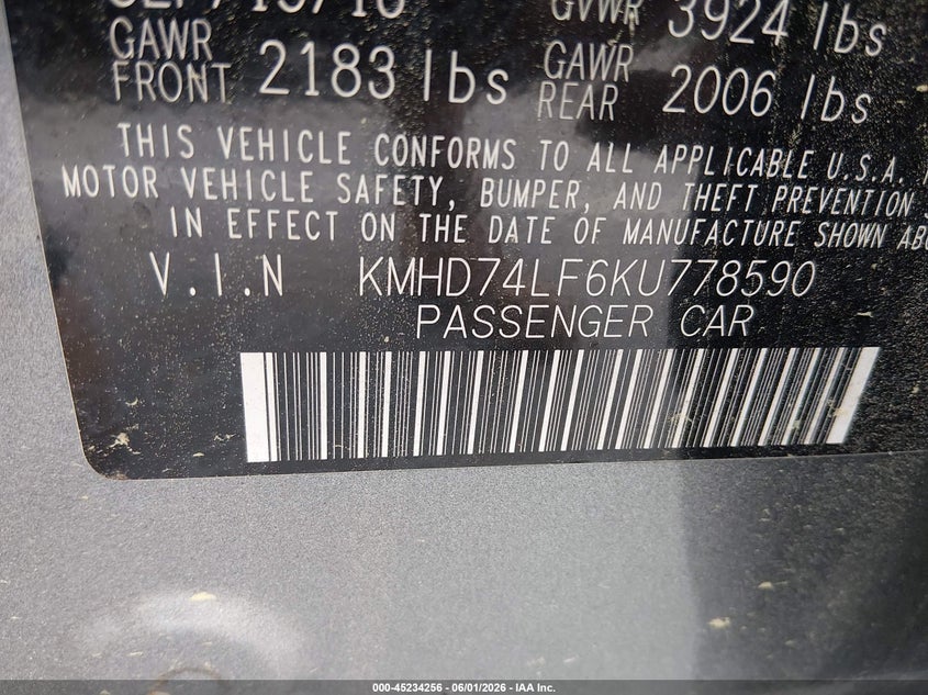 2019 Hyundai Elantra VIN KMHD74LF6KU778590 IAAI salvage auction — FRONT END, Salvage Title, sold $25 on 2026-07-29 (photo 9)