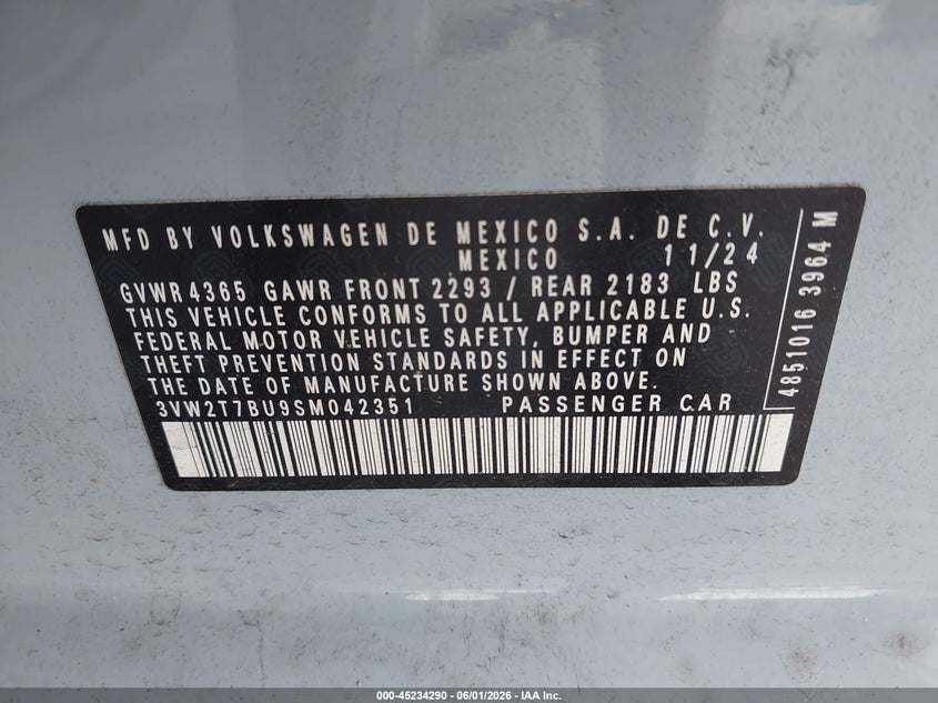 2025 Volkswagen Jetta VIN 3VW2T7BU9SM042351 IAAI salvage auction — LEFT & RIGHT, Salvage Title, sold $11,000 on 2026-07-29 (photo 9)