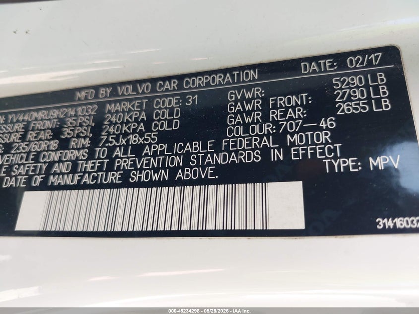 2017 Volvo Xc60 VIN YV440MRU9H2141032 IAAI salvage auction — FRONT END, Salvage Title, sold $400 on 2026-07-20 (photo 9)