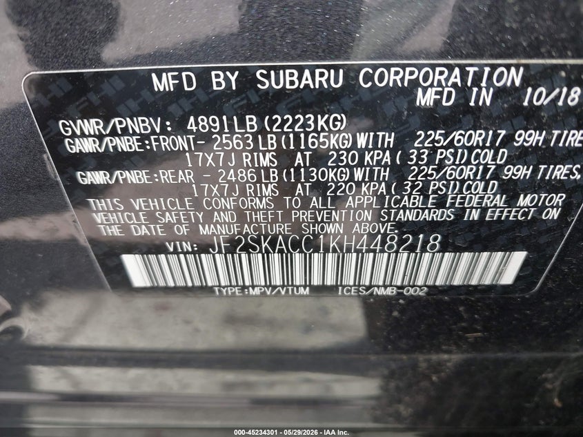2019 Subaru Forester VIN JF2SKACC1KH448218 IAAI salvage auction — HAIL, Salvage Title, sold $8,800 on 2026-07-12 (photo 9)