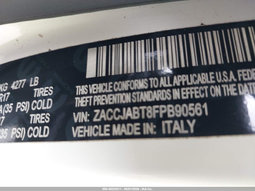 2015 Jeep Renegade VIN ZACCJABT8FPB90561 IAAI salvage auction — FRONT END, Salvage Title, sold $675 on 2026-07-18 (photo 9)