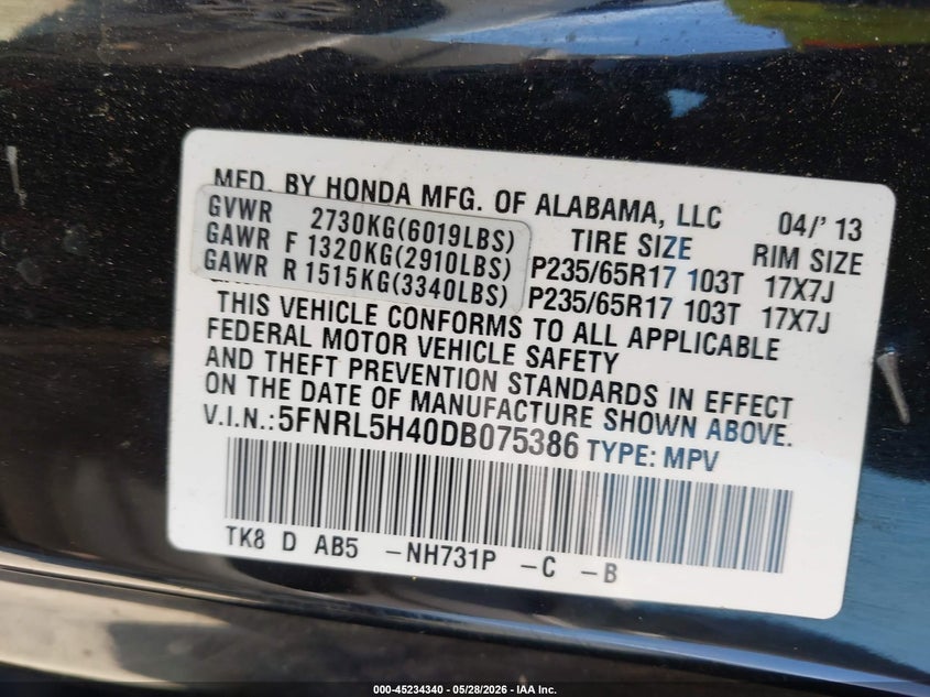 2013 Honda Odyssey VIN 5FNRL5H40DB075386 IAAI salvage auction — RIGHT SIDE, Salvage Title, sold $575 on 2026-07-27 (photo 9)