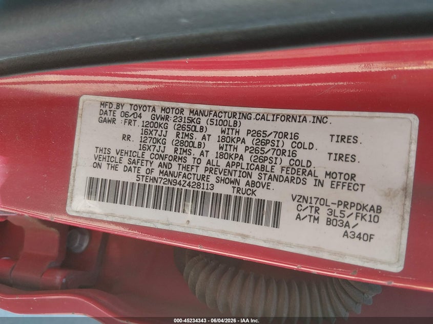 2004 Toyota Tacoma VIN 5TEHN72N94Z428113 IAAI salvage auction — UNKNOWN, Bill Of Sale - Parts Only (Connecticut), sold $2,425 on 2026-07-23 (photo 9)
