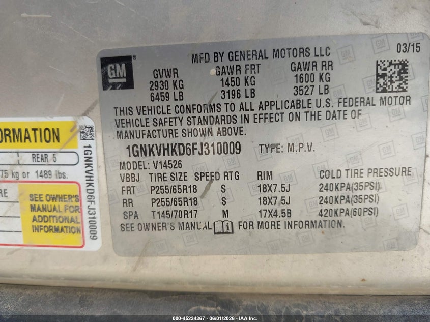 2015 Chevrolet Traverse VIN 1GNKVHKD6FJ310009 IAAI salvage auction — FRONT & REAR, Salvage Title, sold $500 on 2026-07-18 (photo 9)