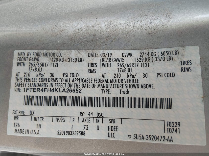 2019 Ford Ranger VIN 1FTER4FH4KLA26652 IAAI salvage auction — FRONT END, Salvage (West Virginia), sold $7,000 on 2026-07-30 (photo 9)