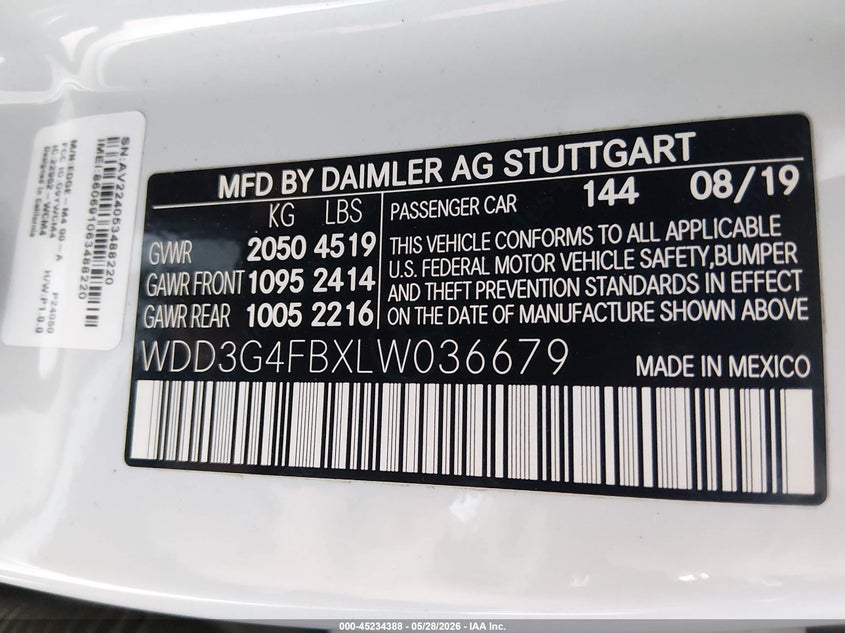 2020 Mercedes-benz A-klasse VIN WDD3G4FBXLW036679 IAAI salvage auction — FRONT END, Salvage Title, sold $1,700 on 2026-07-06 (photo 9)