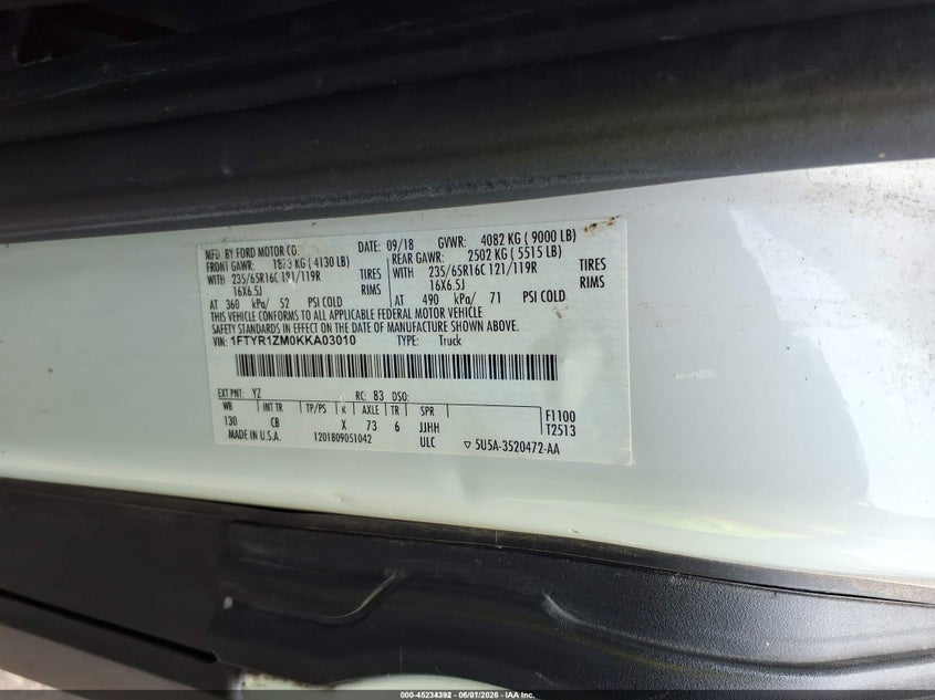 2019 Ford Transit-250 VIN 1FTYR1ZM0KKA03010 IAAI salvage auction — LEFT & RIGHT, Sf97 (North Carolina), sold $13,250 on 2026-08-13 (photo 9)