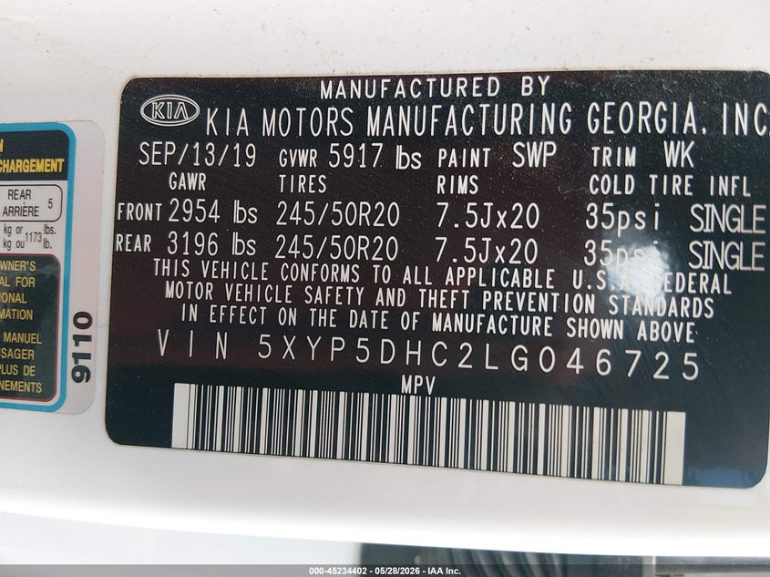 2020 Kia Telluride VIN 5XYP5DHC2LG046725 IAAI salvage auction — FRONT END, Salvage Title, sold $3,550 on 2026-07-09 (photo 9)