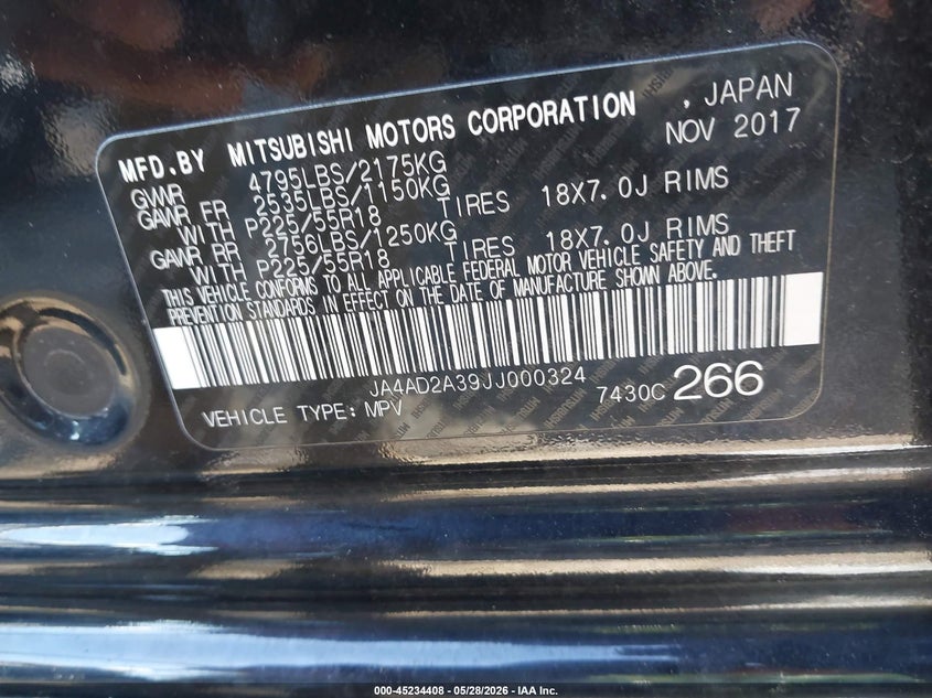 2018 Mitsubishi Outlander VIN JA4AD2A39JJ000324 IAAI salvage auction — FRONT END, Salvage (Pennsylvania), sold $1,500 on 2026-07-21 (photo 9)
