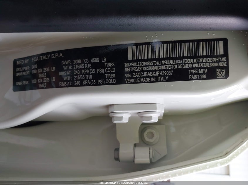 2018 Jeep Renegade VIN ZACCJBABXJPH39037 IAAI salvage auction — HAIL, Salvage Title, sold $1,200 on 2026-07-13 (photo 9)