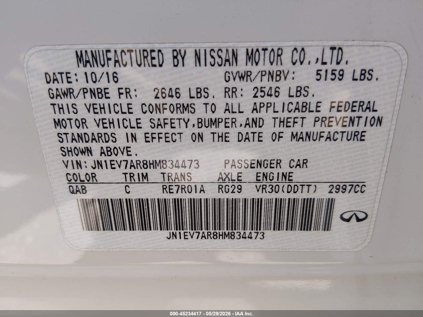 2017 Infiniti Q50 VIN JN1EV7AR8HM834473 IAAI salvage auction — WATER/FLOOD, Salvage Title, sold $1,775 on 2026-07-31 (photo 9)