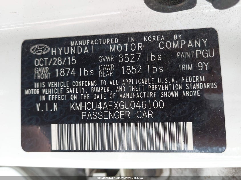 2016 Hyundai Accent VIN KMHCU4AEXGU046100 IAAI salvage auction — NORMAL WEAR, Salvage Title, sold $175 on 2026-07-27 (photo 9)