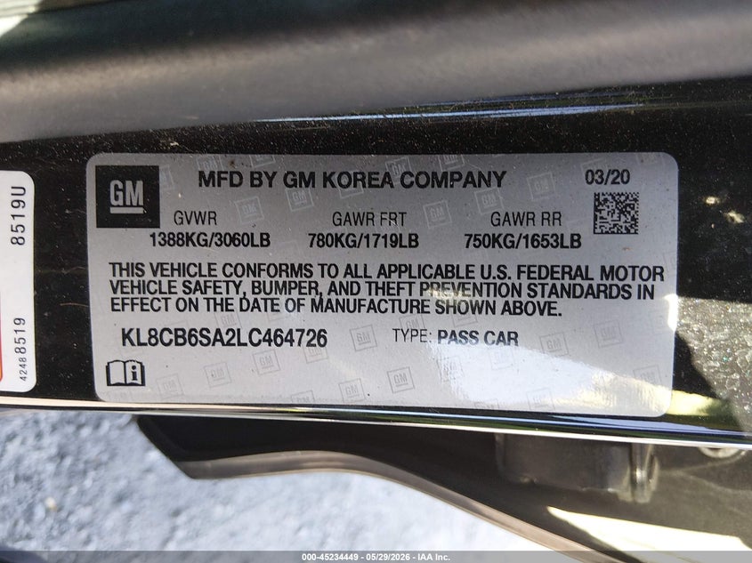 2020 Chevrolet Spark VIN KL8CB6SA2LC464726 IAAI salvage auction — FRONT END, Salvage Title, sold $800 on 2026-07-14 (photo 9)
