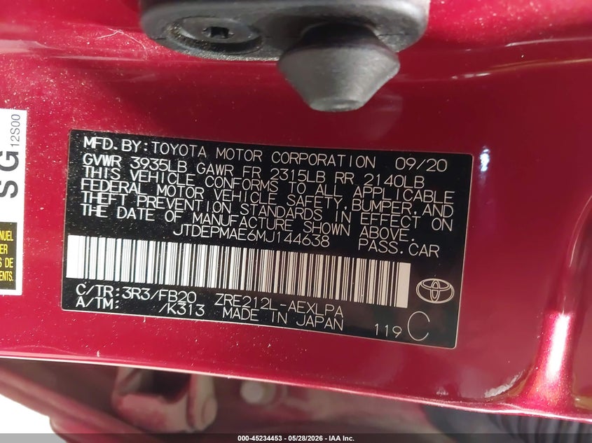 2021 Toyota Corolla VIN JTDEPMAE6MJ144638 IAAI salvage auction — SIDE, Salvage Title, sold $4,750 on 2026-07-23 (photo 9)