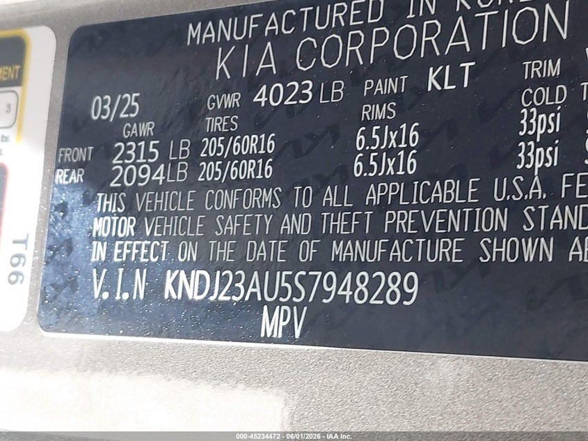 2025 Kia Soul VIN KNDJ23AU5S7948289 IAAI salvage auction — REAR END, Salvage Title, sold $5,250 on 2026-07-21 (photo 9)