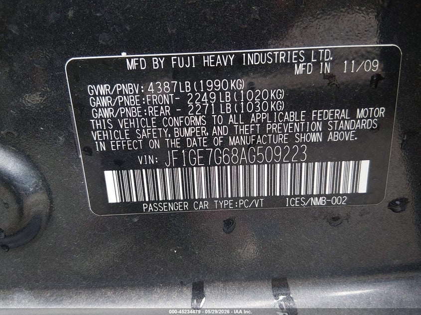 2010 Subaru Impreza VIN JF1GE7G68AG509223 IAAI salvage auction — UNKNOWN, Clear (Oklahoma), sold $1,300 on 2026-07-21 (photo 9)
