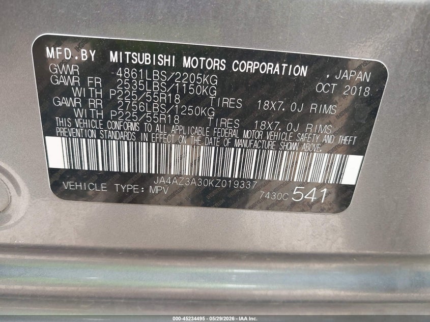 2019 Mitsubishi Outlander VIN JA4AZ3A30KZ019337 IAAI salvage auction — FRONT END, Salvage Title, sold $1,150 on 2026-07-23 (photo 9)