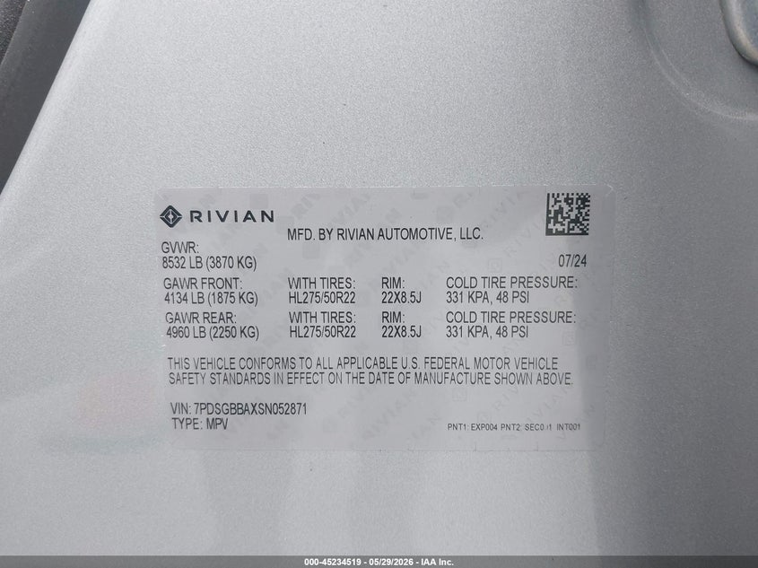 2025 Rivian R1s VIN 7PDSGBBAXSN052871 IAAI salvage auction — FRONT & REAR, Salvage Title, sold $20,200 on 2026-08-31 (photo 9)