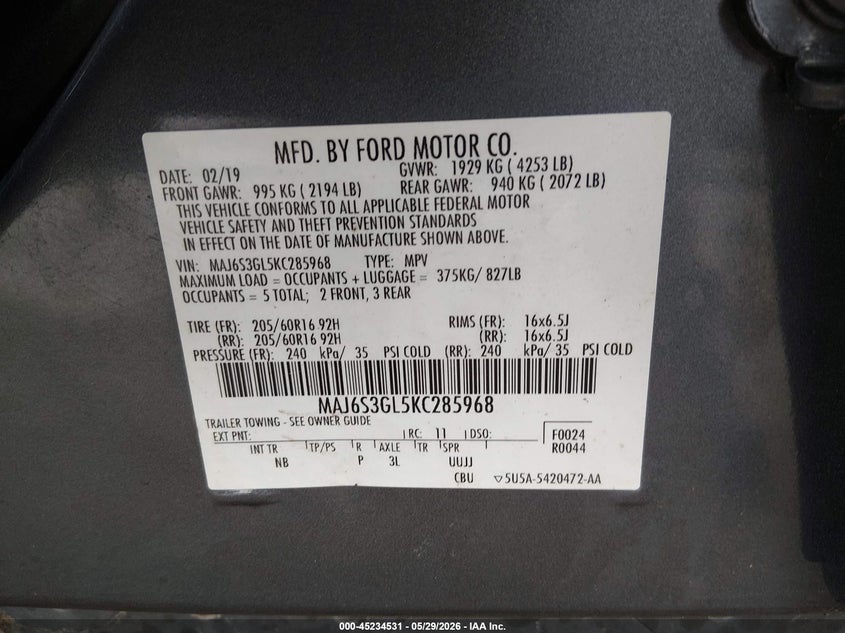 2019 Ford Ecosport VIN MAJ6S3GL5KC285968 IAAI salvage auction — FRONT END, Salvage Title, sold $450 on 2026-07-23 (photo 9)