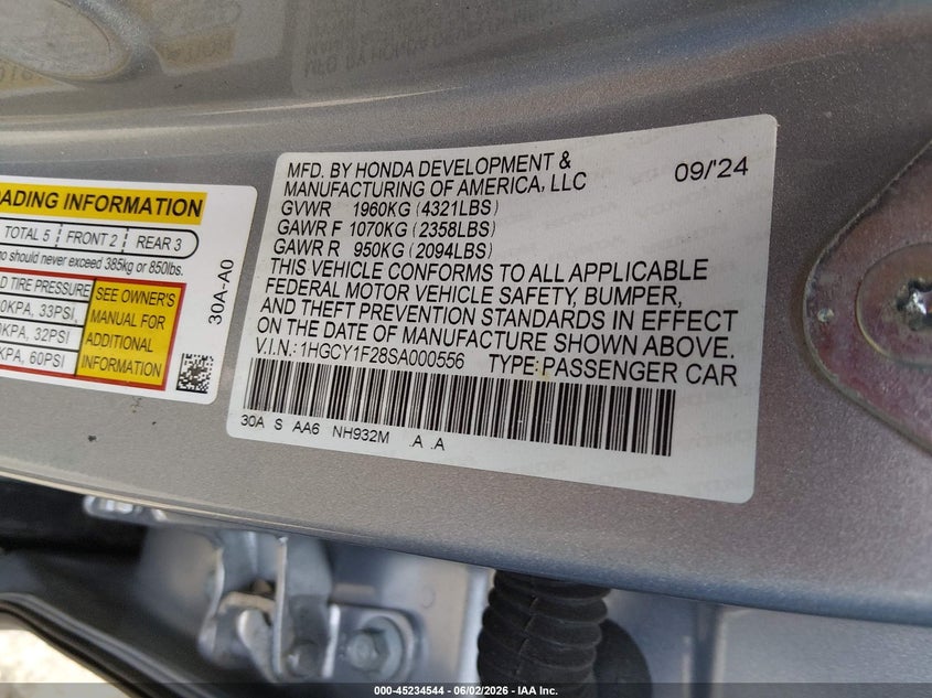 2025 Honda Accord VIN 1HGCY1F28SA000556 IAAI salvage auction — SIDE, Salvage Title, sold $7,300 on 2026-07-29 (photo 9)