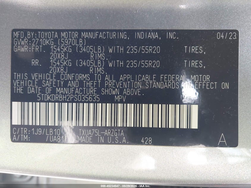 2023 Toyota Highlander VIN 5TDKDRBH2PS035635 IAAI salvage auction — RIGHT REAR, Salvage Title, sold $16,100 on 2026-07-29 (photo 9)