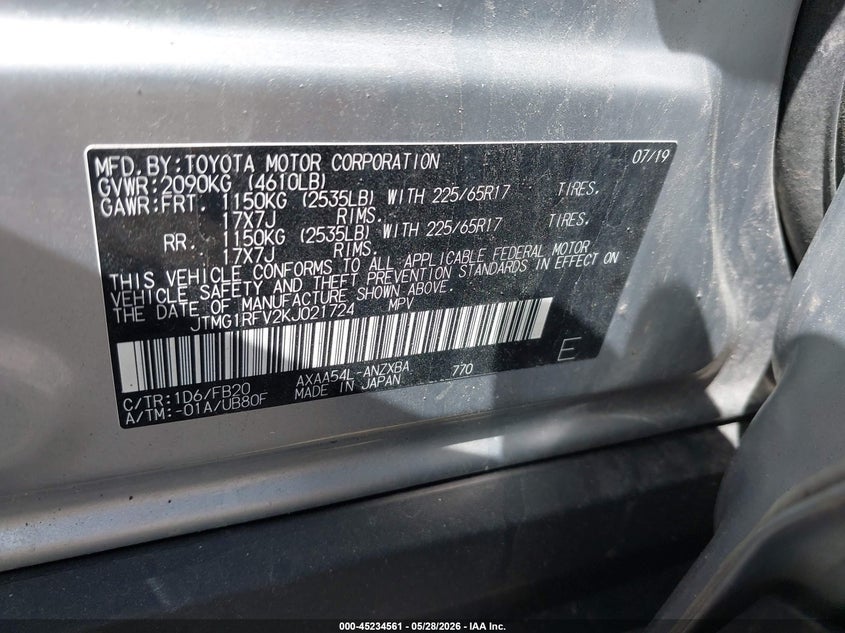 2019 Toyota Rav 4 VIN JTMG1RFV2KJ021724 IAAI salvage auction — REAR END, Salvage Title, sold $9,200 on 2026-07-07 (photo 9)