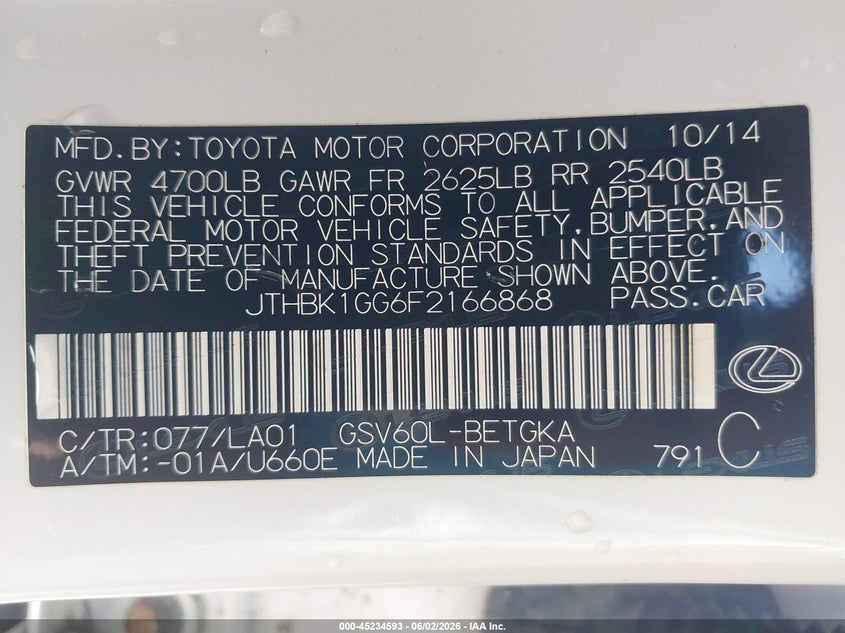 2015 Lexus ES VIN JTHBK1GG6F2166868 IAAI salvage auction — FRONT END, Clear (Arkansas), sold $3,600 on 2026-07-29 (photo 9)