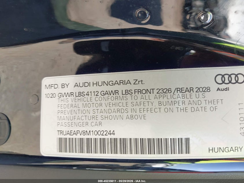 2021 Audi Tt VIN TRUAEAFV8M1002244 IAAI salvage auction — SIDE, Salvage Title, sold $12,650 on 2026-08-26 (photo 9)