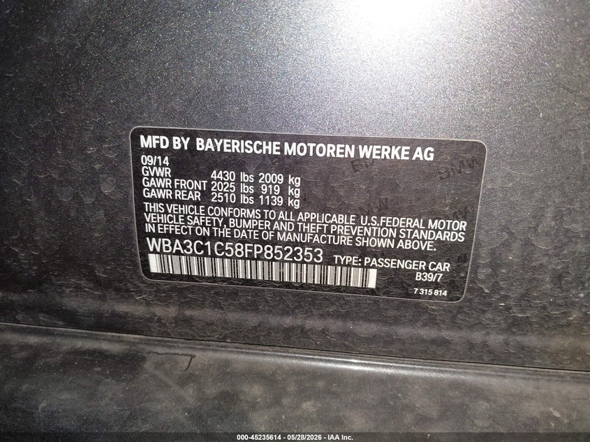 2015 BMW 3er VIN WBA3C1C58FP852353 IAAI salvage auction — FRONT END, Salvage Title, sold $2,700 on 2026-08-13 (photo 9)