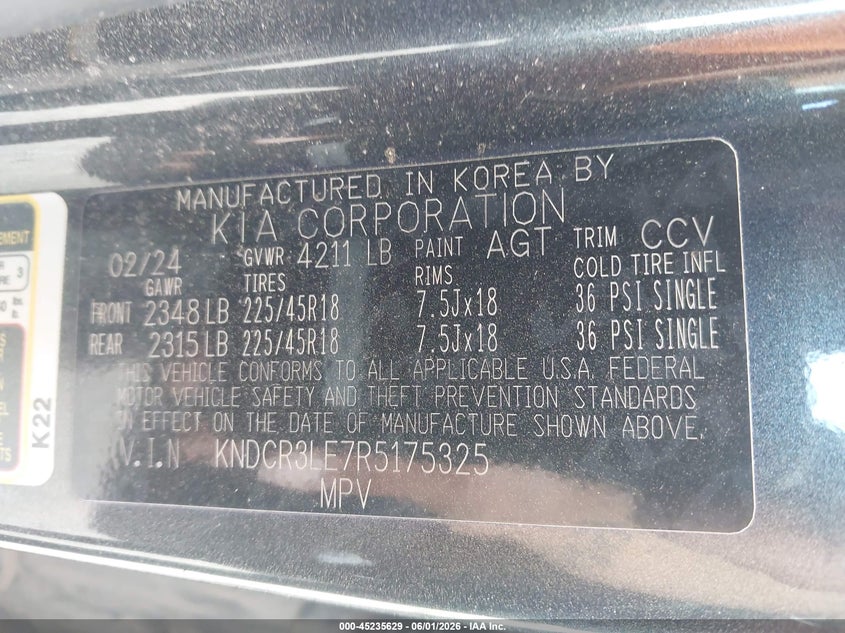 2024 Kia Niro VIN KNDCR3LE7R5175325 IAAI salvage auction — FRONT END, Mv-907A (New York), sold $9,975 on 2026-07-23 (photo 9)