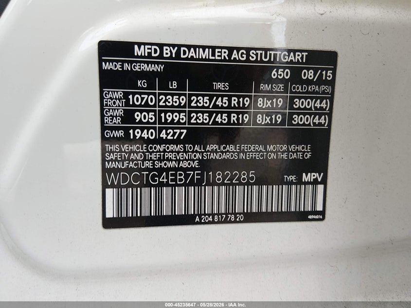2015 Mercedes-benz Gla-klasse VIN WDCTG4EB7FJ182285 IAAI salvage auction — FRONT END, Salvage (Louisiana), sold $2,100 on 2026-07-13 (photo 9)