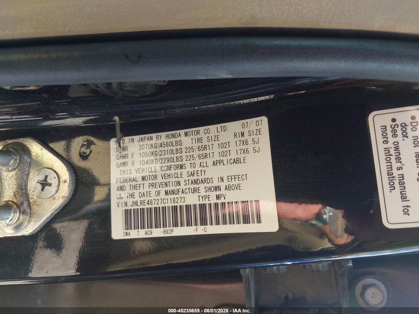 2007 Honda Cr-v VIN JHLRE48727C118273 IAAI salvage auction — UNKNOWN, Clear (Oklahoma), sold $1,650 on 2026-07-14 (photo 9)