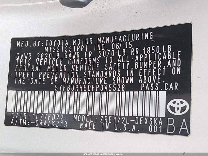 2015 Toyota Corolla VIN 5YFBURHE0FP345528 IAAI salvage auction — FRONT END, Salvage Title, sold $1,800 on 2026-07-14 (photo 9)