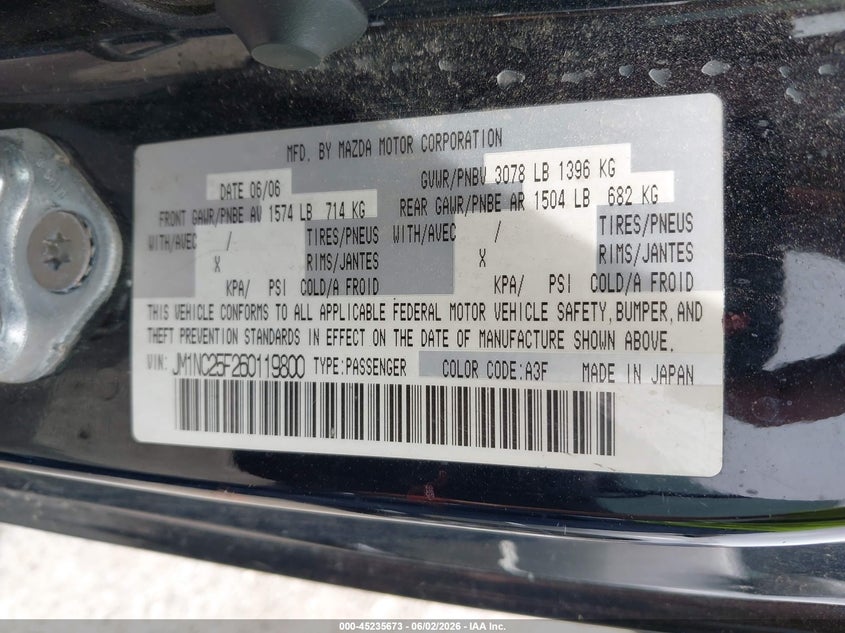 2006 Mazda Mx-5 VIN JM1NC25F260119800 IAAI salvage auction — RIGHT FRONT, Junk (Oklahoma), sold $475 on 2026-07-07 (photo 9)