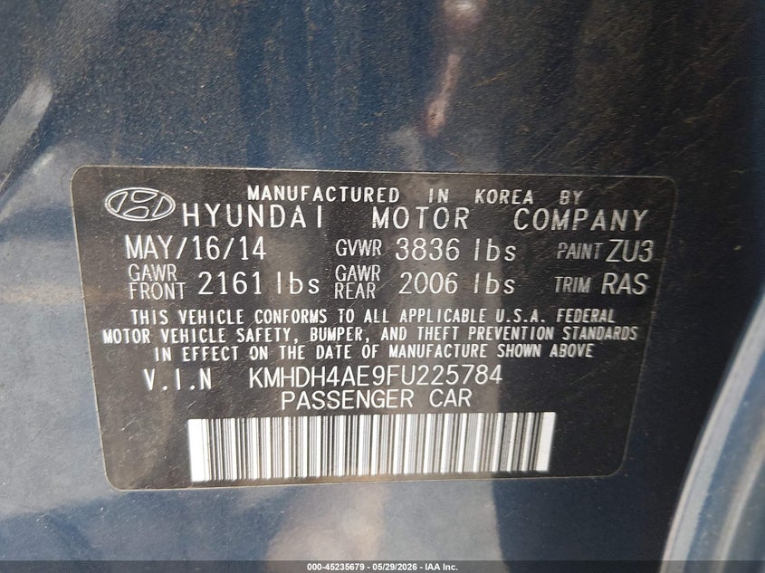 2015 Hyundai Elantra VIN KMHDH4AE9FU225784 IAAI salvage auction — FRONT END, Salvage Title, sold $675 on 2026-07-09 (photo 9)
