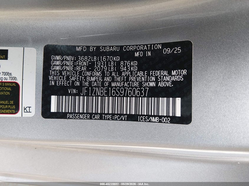 2025 Toyota Gr 86 VIN JF1ZNBE16S9760637 IAAI salvage auction — FRONT END, Salvage Title, sold $7,600 on 2026-07-08 (photo 9)