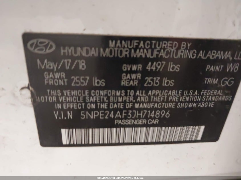 2018 Hyundai Sonata VIN 5NPE24AF3JH714896 IAAI salvage auction — LEFT SIDE, Salvage Title, sold $2,650 on 2026-07-22 (photo 9)