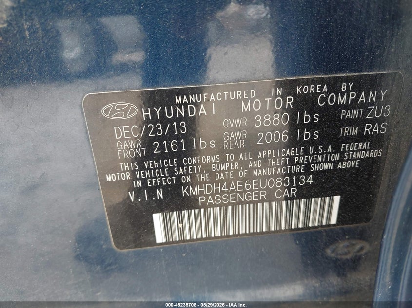 2014 Hyundai Elantra VIN KMHDH4AE6EU083134 IAAI salvage auction — FRONT END, Salvage Title, sold $25 on 2026-07-31 (photo 9)