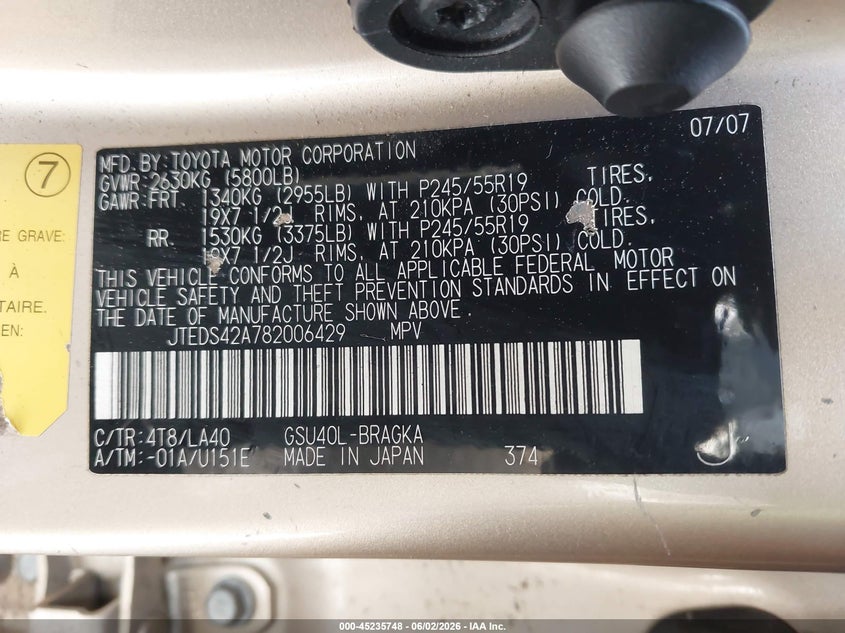 2008 Toyota Highlander VIN JTEDS42A782006429 IAAI salvage auction — LEFT FRONT, Salvage (California), sold $1,900 on 2026-07-13 (photo 9)