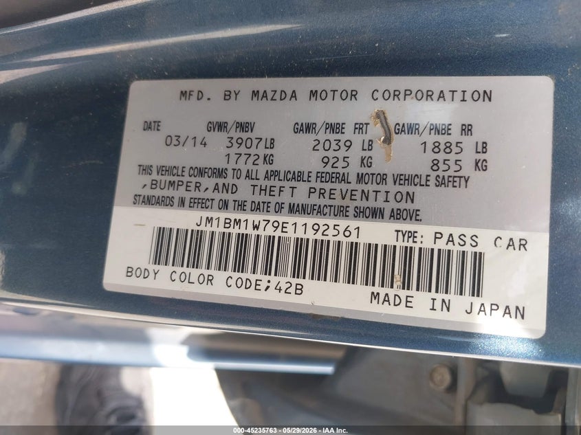 2014 Mazda 3 VIN JM1BM1W79E1192561 IAAI salvage auction — FRONT END, Salvage Title, sold $675 on 2026-07-19 (photo 9)