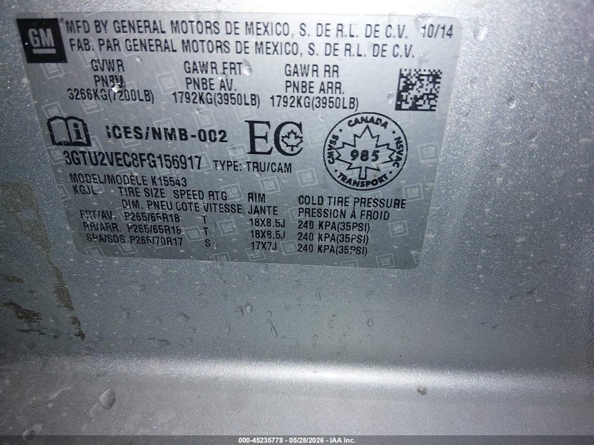 2015 Gmc SIERRA VIN 3GTU2VECAFG156917 IAAI salvage auction — LEFT REAR, Salvage Title, sold $25 on 2026-07-09 (photo 9)